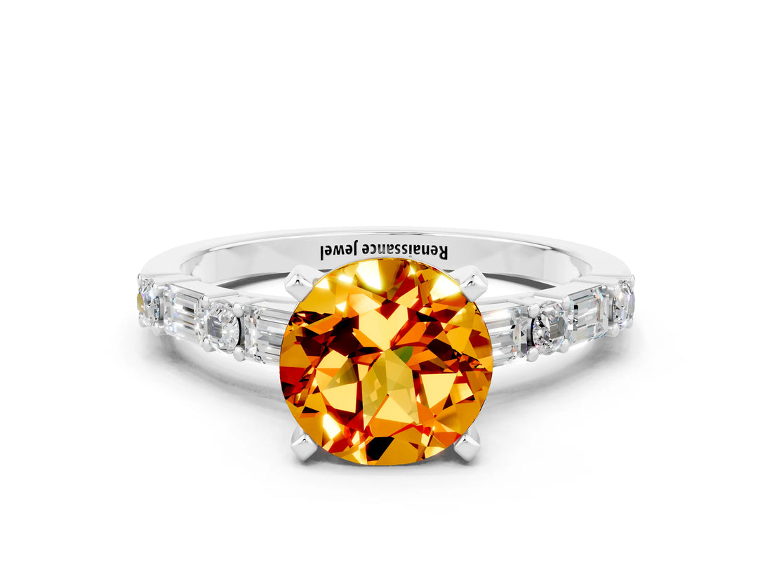 White gold Round Cut Citrine Solitaire with Side Baguettes and Channel Set Band