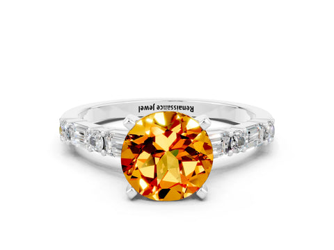 White gold Round Cut Citrine Solitaire with Side Baguettes and Channel Set Band