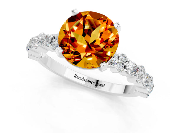 Platinum Round Cut Citrine Side Stone Solitaire Ring with Round  and Four-Prong Setting