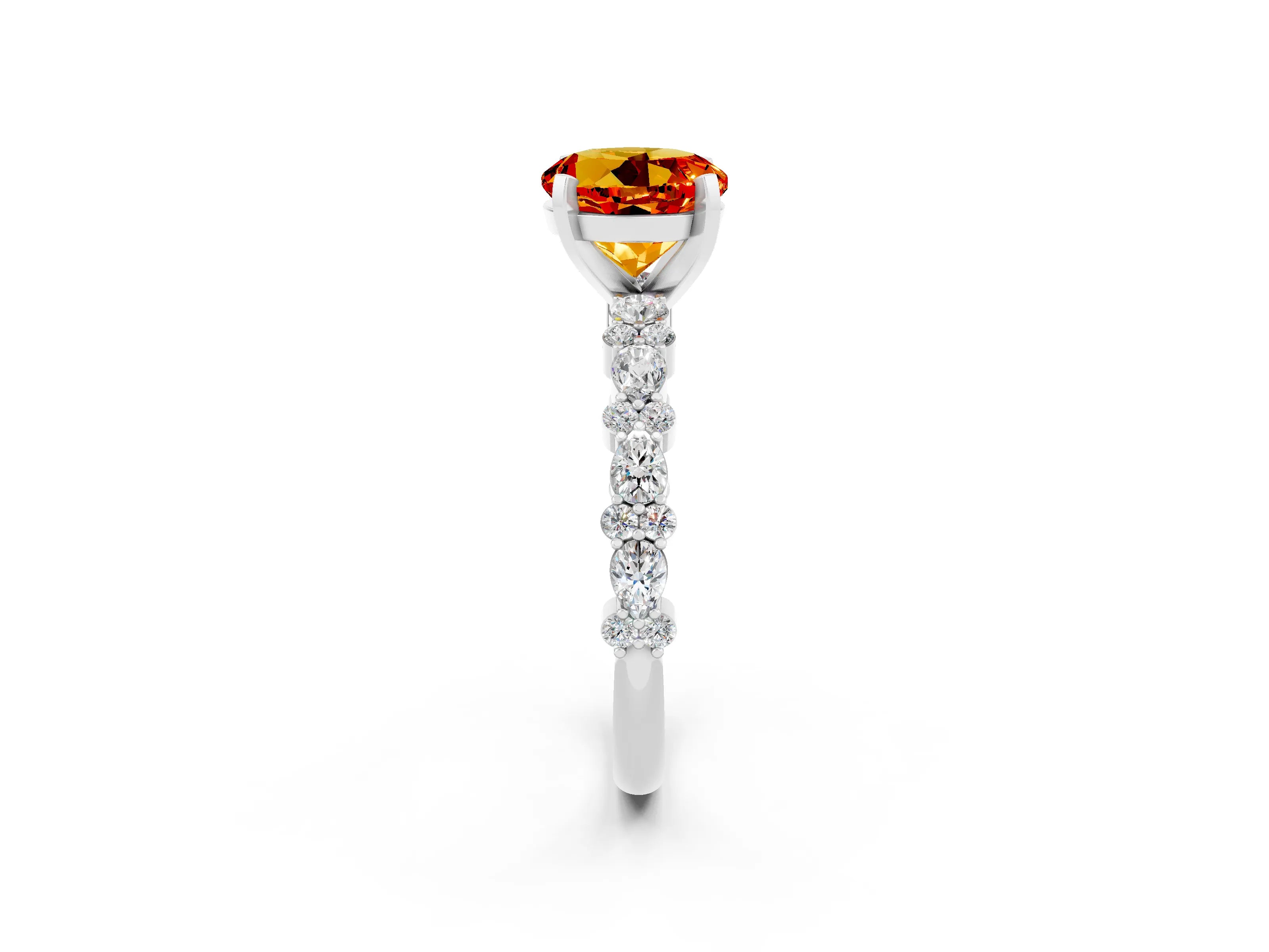 White gold Round Cut Citrine Solitaire with Side Stones, Pave Band, Four-Prong Setting_38