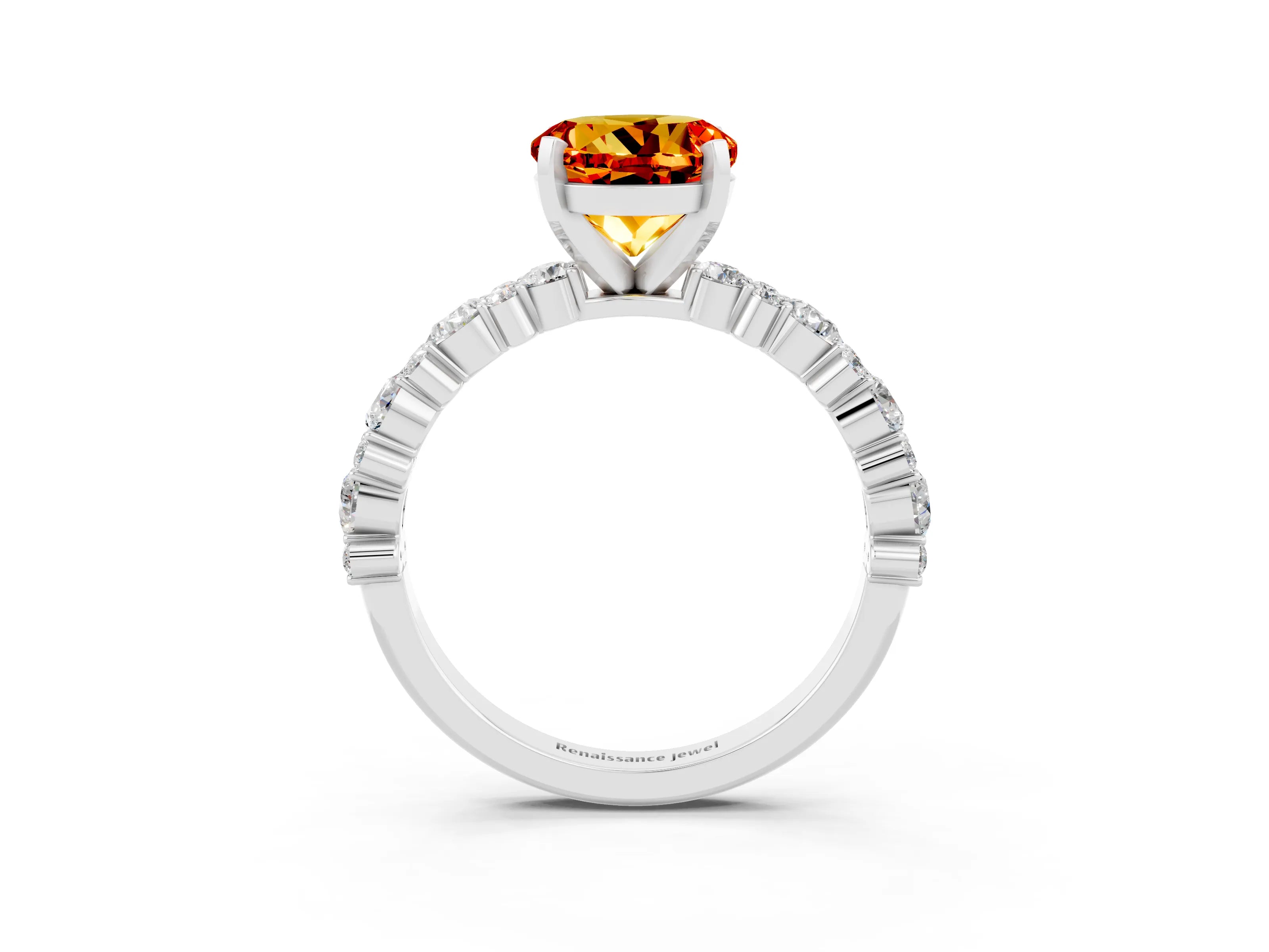 White gold Round Cut Citrine Solitaire with Side Stones, Pave Band, Four-Prong Setting_39