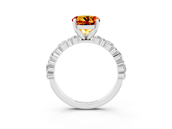 Silver Round Cut Citrine Side Stone Solitaire Ring with Round  and Four-Prong Setting