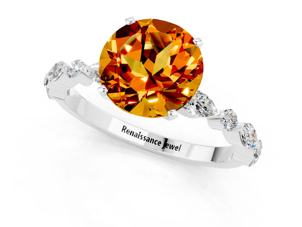 Silver Round Cut Citrine Ring with Marquise and Round  Side Stones and Four-Prong Setting