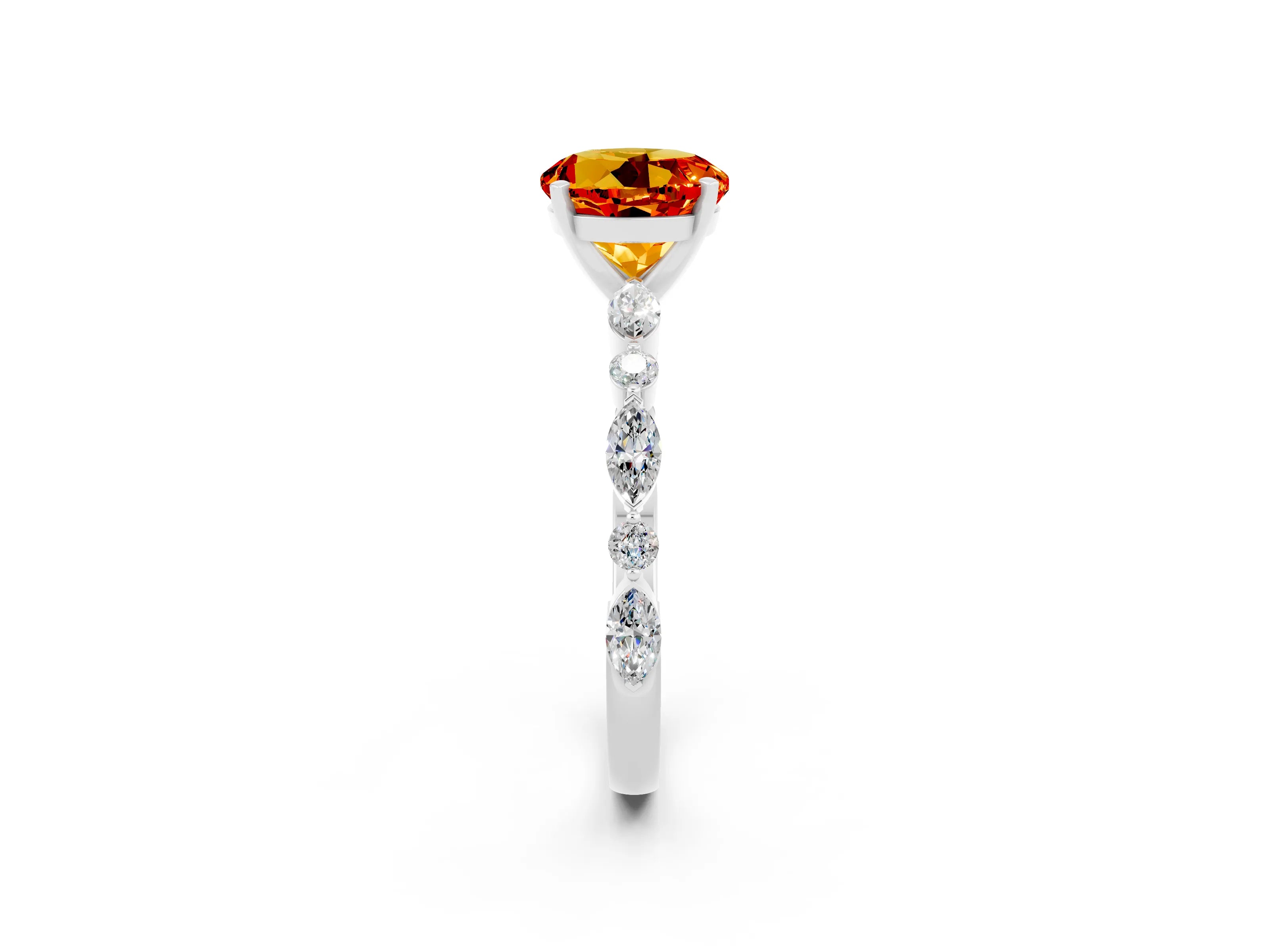 White gold Round Cut Citrine Solitaire with Side Stones on a Pavé Band and Four-Prong Setting_2