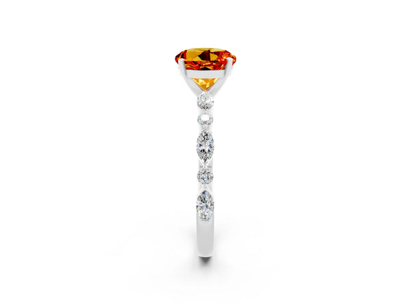 Silver Round Cut Citrine Ring with Marquise and Round  Side Stones and Four-Prong Setting