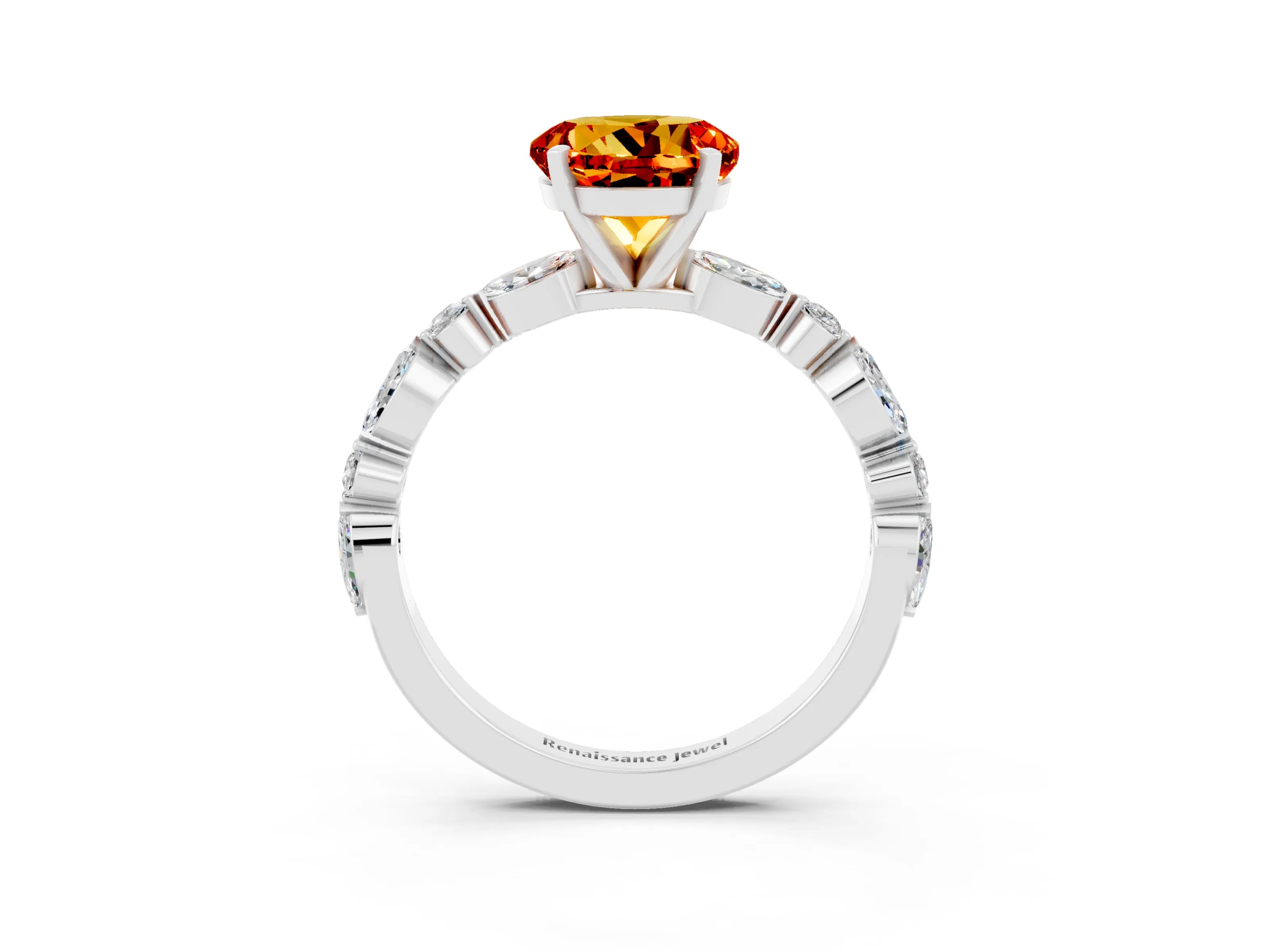 White gold Round Cut Citrine Solitaire with Side Stones on a Pavé Band and Four-Prong Setting_3