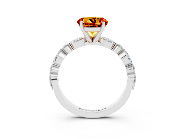 White gold Round Cut Citrine Ring with Marquise and Round  Side Stones and Four-Prong Setting