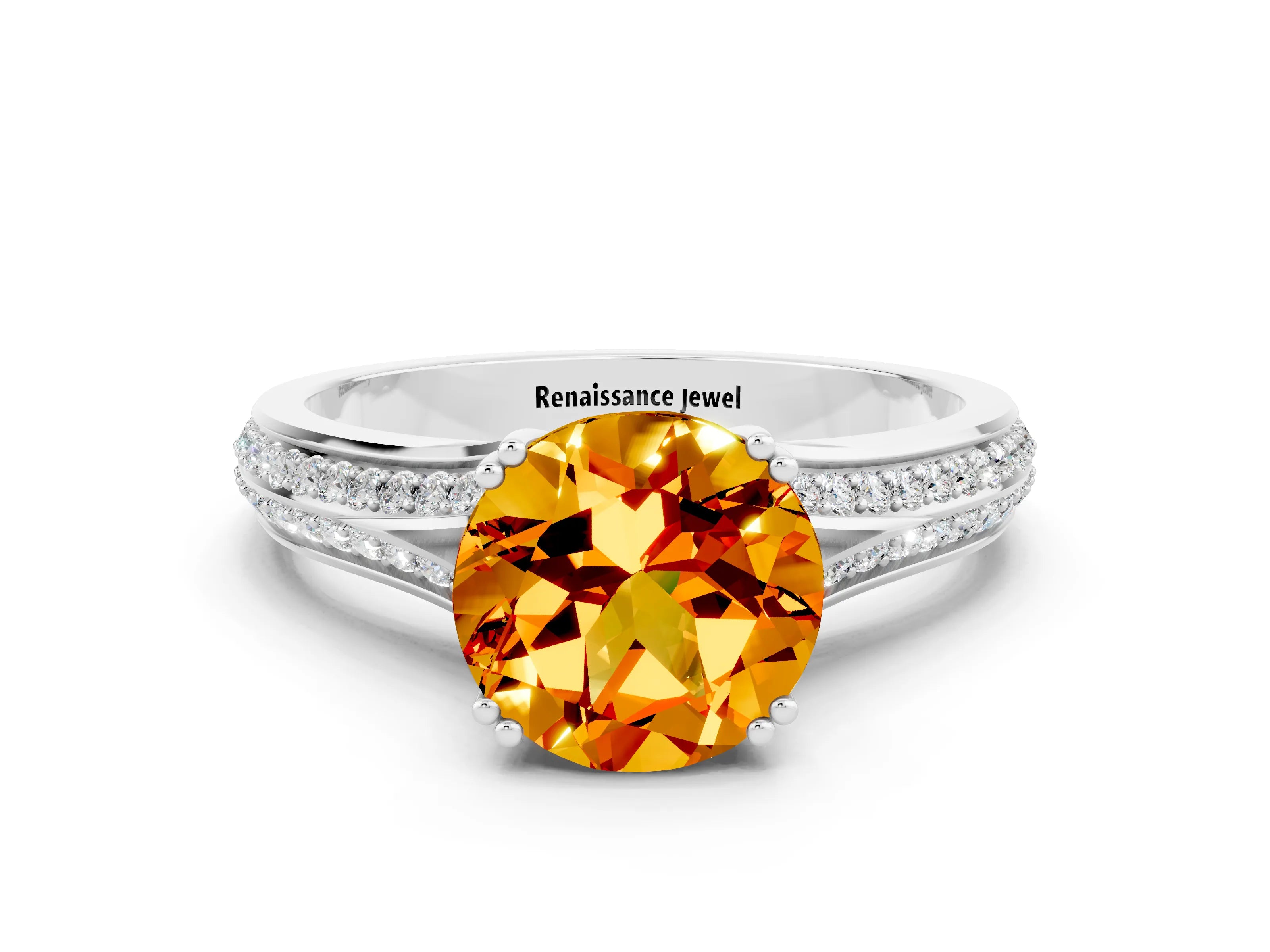 White gold Round Cut Citrine Split Shank Engagement Ring with Pavé Band
