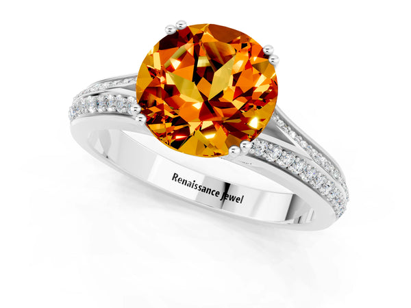White gold Round Cut Citrine Split Shank Engagement Ring with Pavé Band