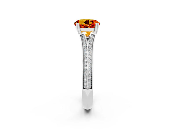 Silver Round Cut Citrine Split Shank Engagement Ring with Pavé Band