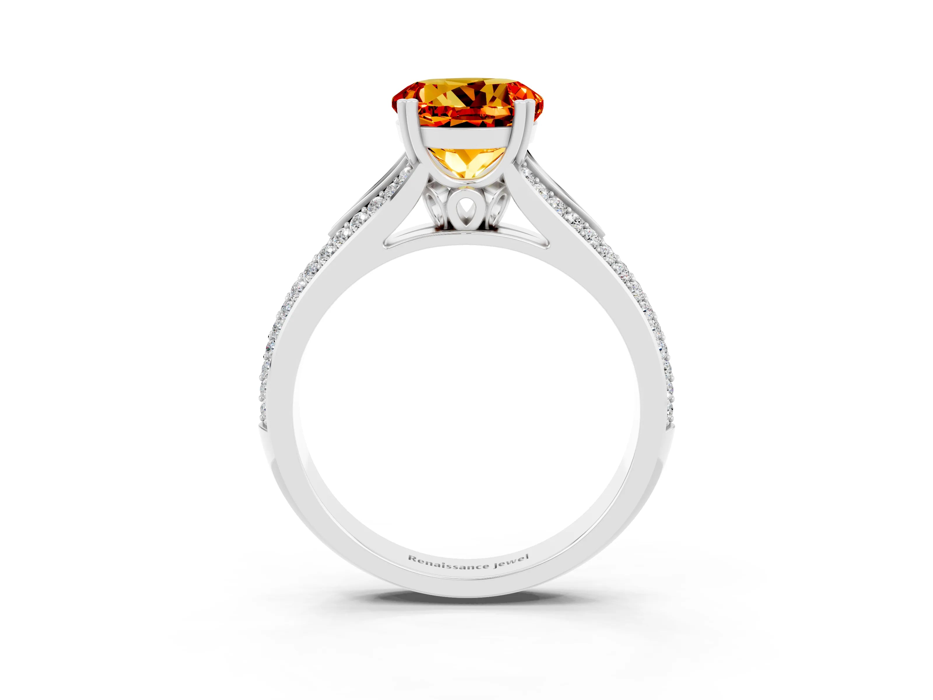 White gold Round Cut Citrine Split Shank Engagement Ring with Pavé Band_3