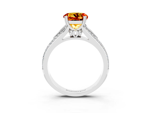 Silver Round Cut Citrine Split Shank Engagement Ring with Pavé Band