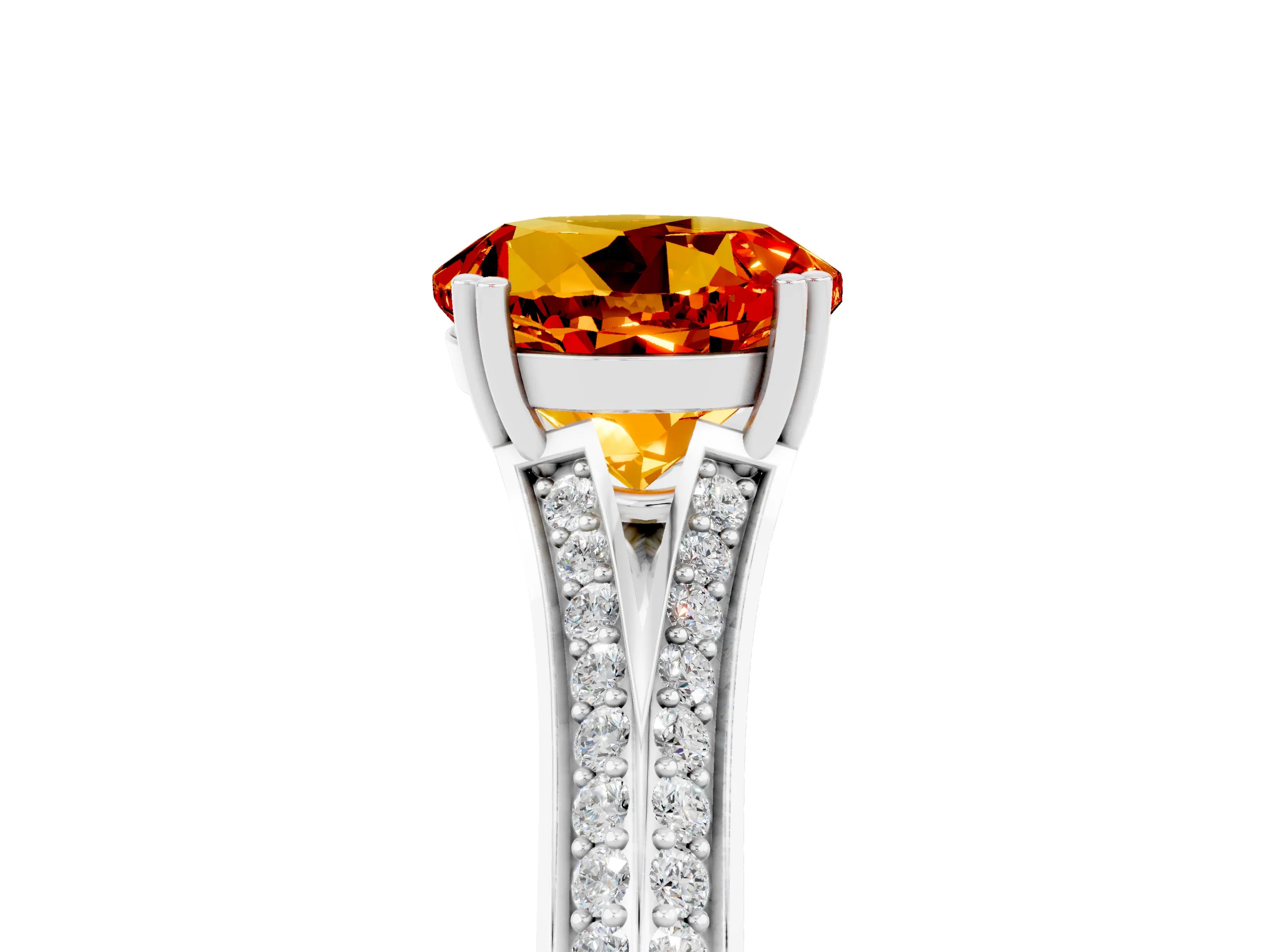White gold Round Cut Citrine Split Shank Engagement Ring with Pavé Band_5