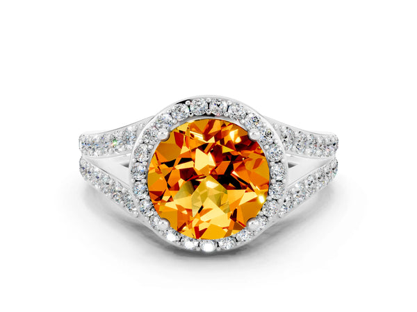 Platinum Round Cut Citrine Split Shank Halo Ring with Four-Prong Setting