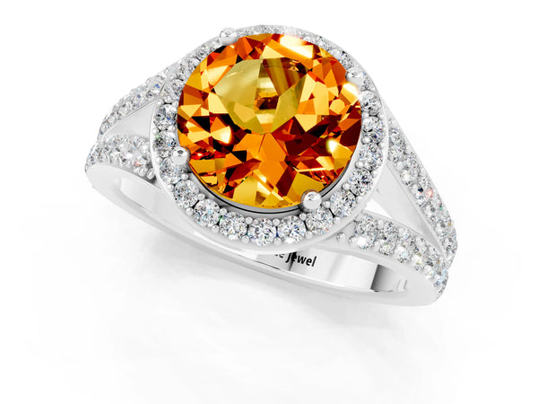 Silver Round Cut Citrine Split Shank Halo Ring with Four-Prong Setting
