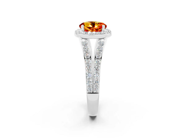 Platinum Round Cut Citrine Split Shank Halo Ring with Four-Prong Setting