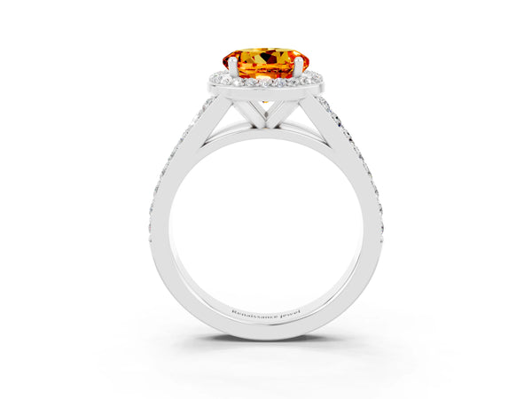 Platinum Round Cut Citrine Split Shank Halo Ring with Four-Prong Setting