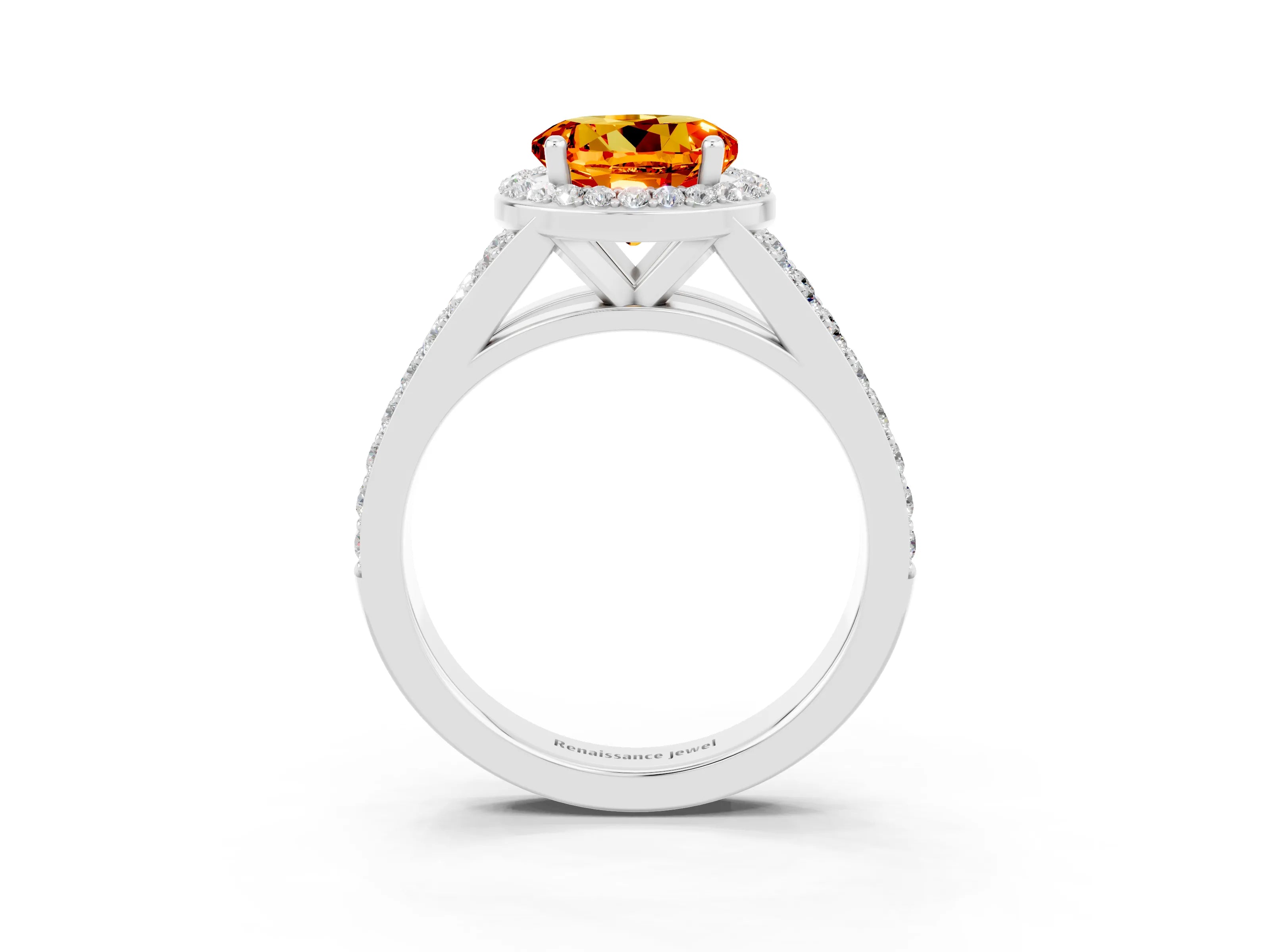 White gold Round Cut Citrine Split Shank Halo Ring with Four-Prong Setting_15