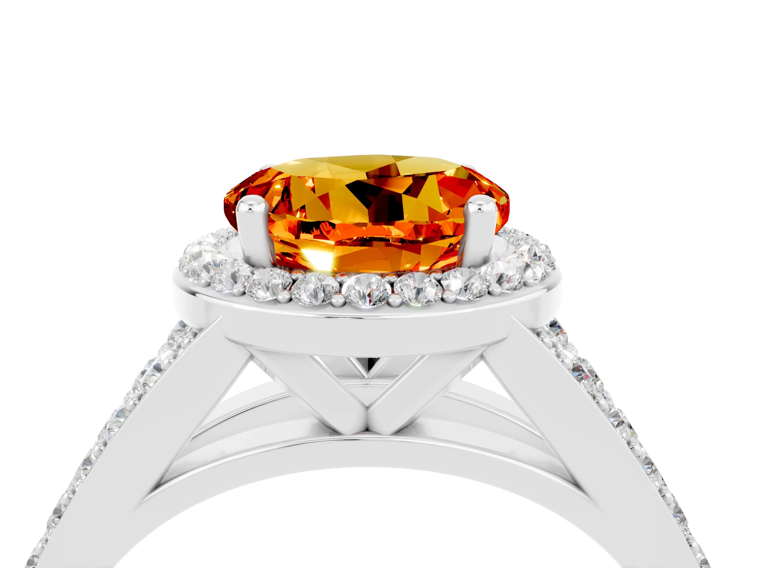 White gold Round Cut Citrine Split Shank Halo Ring with Four-Prong Setting_16