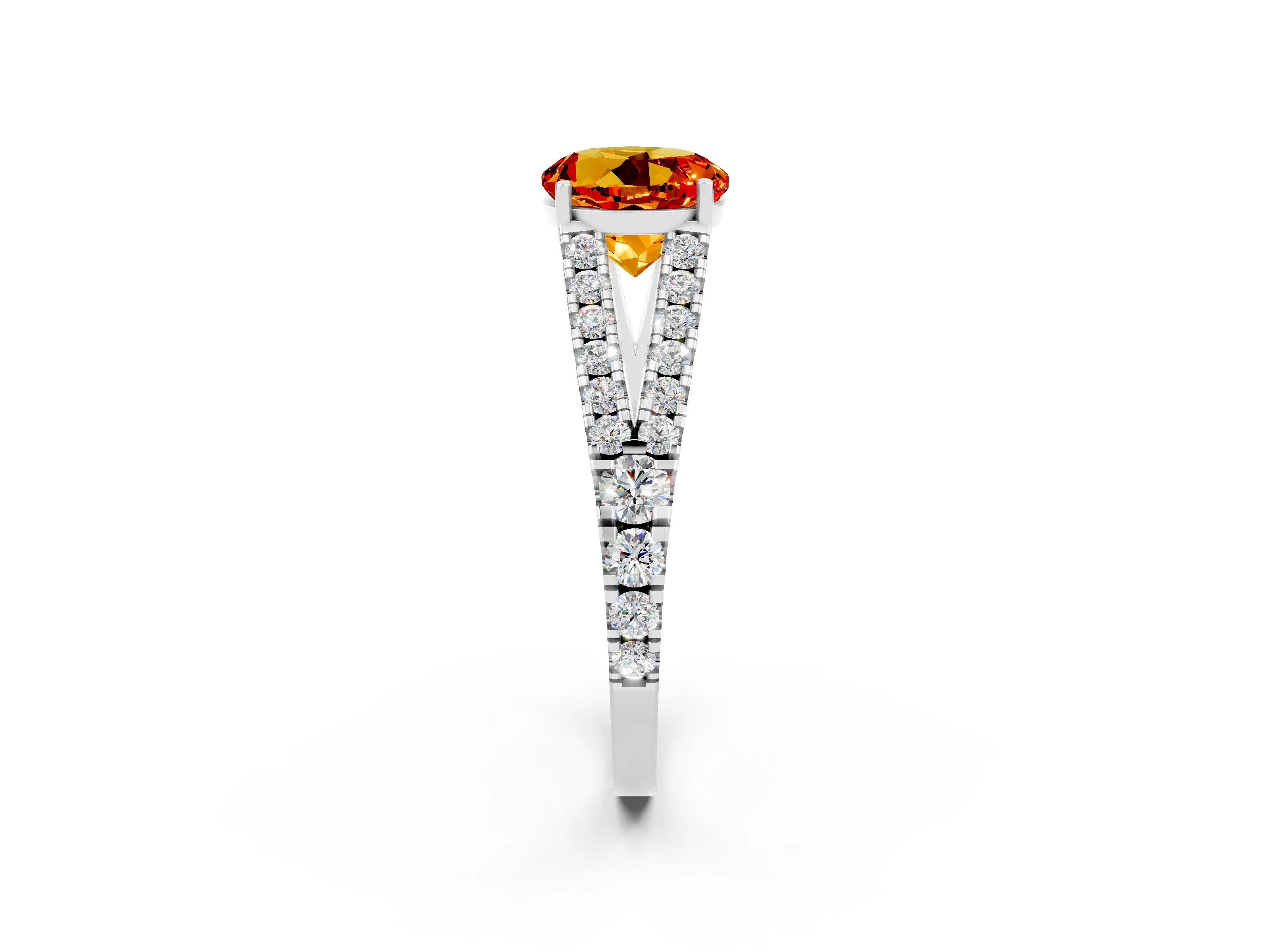 White gold Round Cut Citrine Split Shank Pavé Engagement Ring with Four-Prong Setting_14