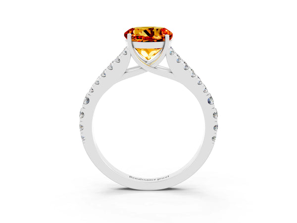 Platinum Round Cut Citrine Split Shank Pavé Engagement Ring with Four-Prong Setting