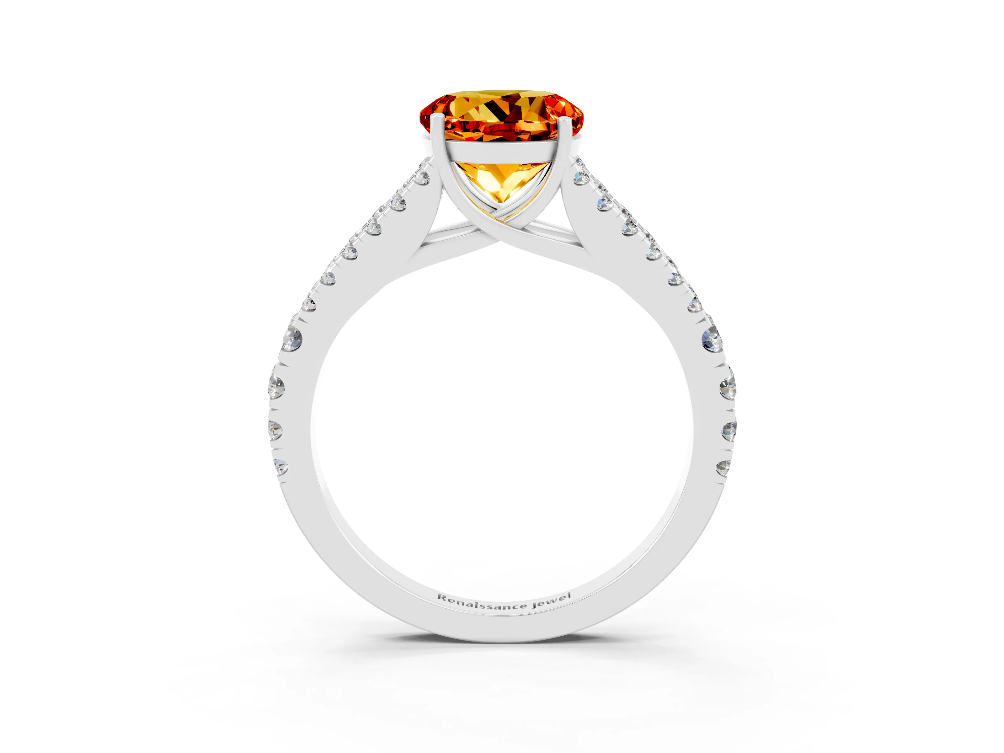 White gold Round Cut Citrine Split Shank Pavé Engagement Ring with Four-Prong Setting_15