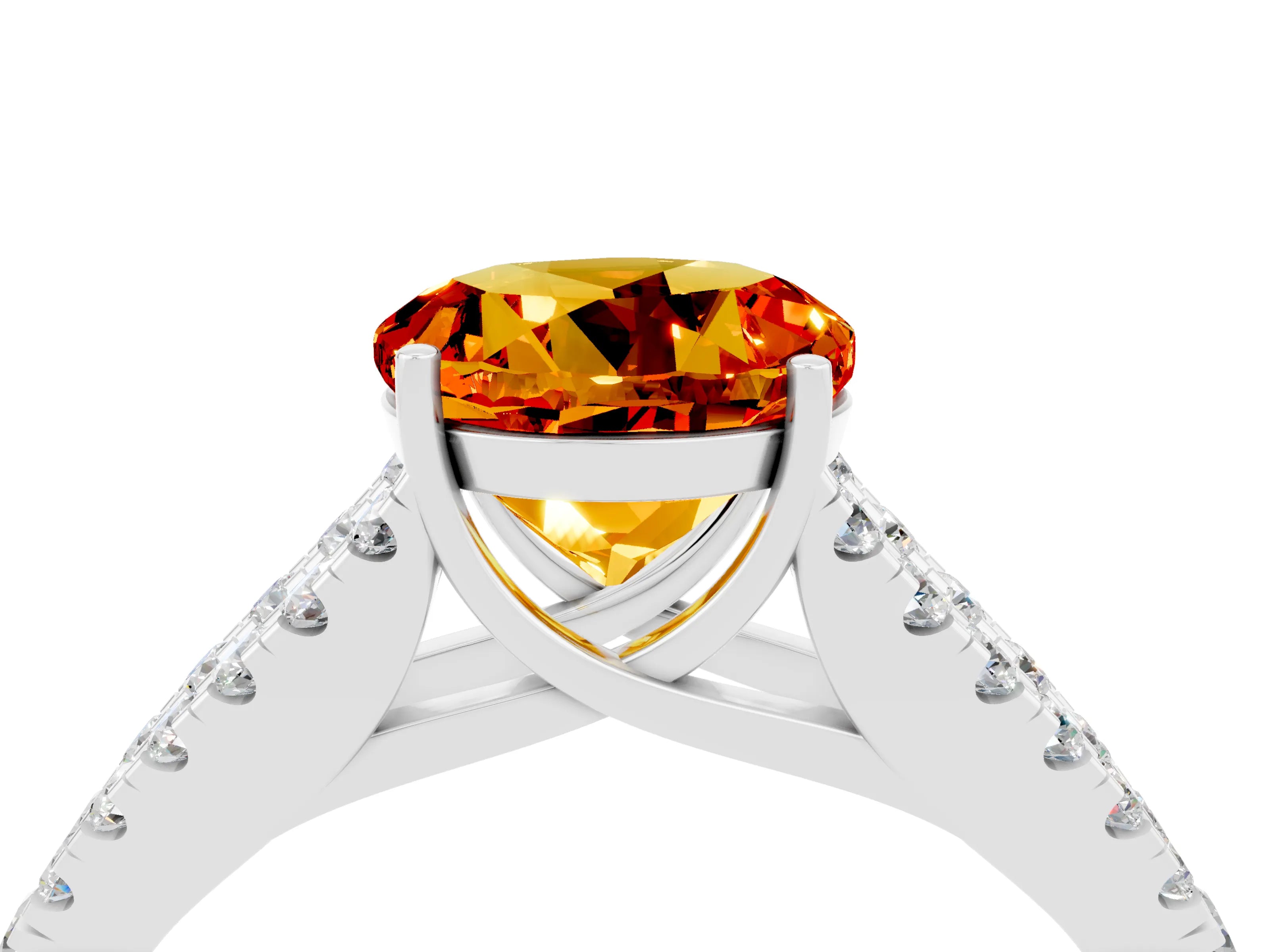 White gold Round Cut Citrine Split Shank Pavé Engagement Ring with Four-Prong Setting_16