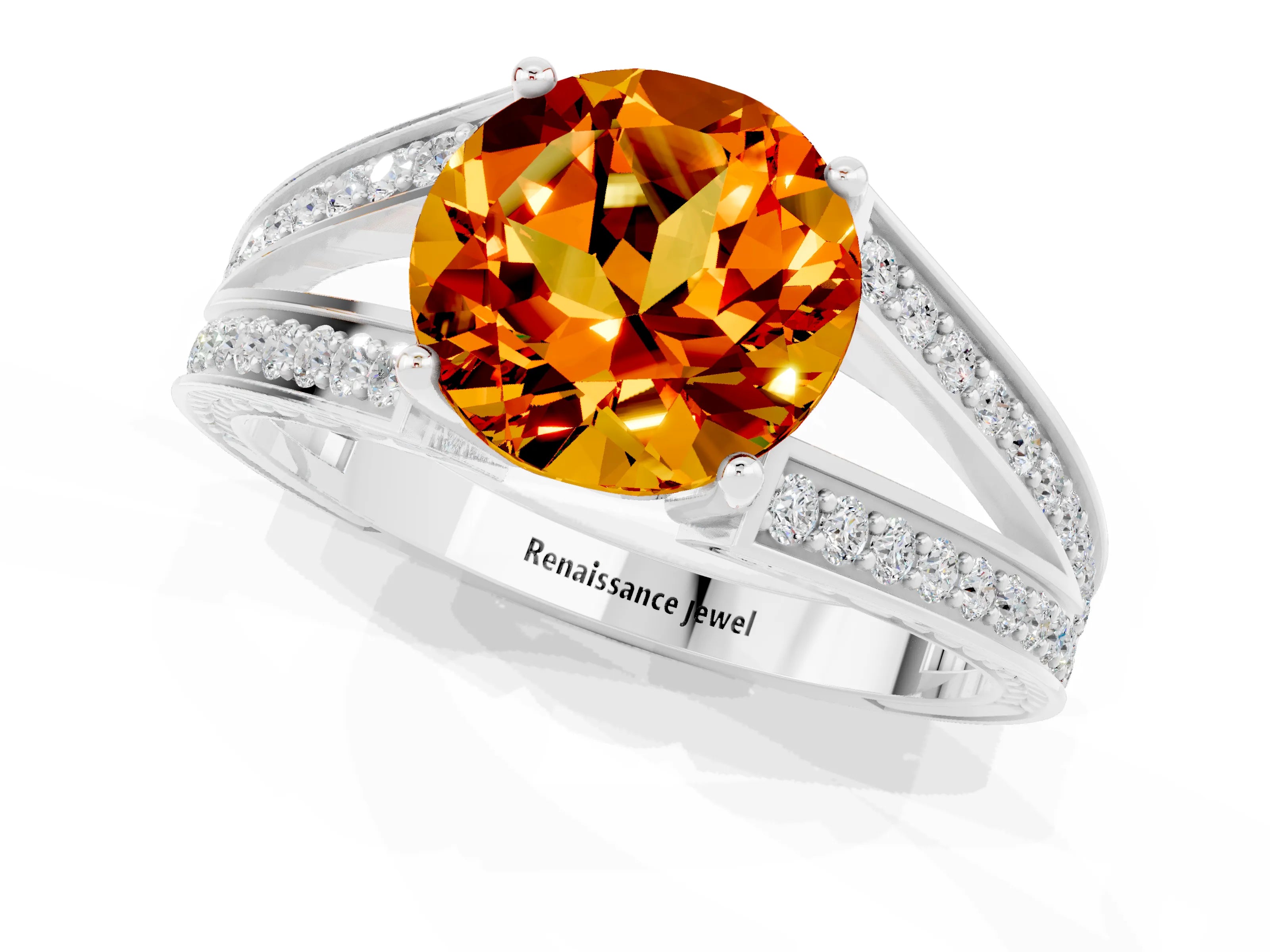 White gold Round Cut Citrine Split Shank Ring with Pavé Band and Four-Prong Setting_1