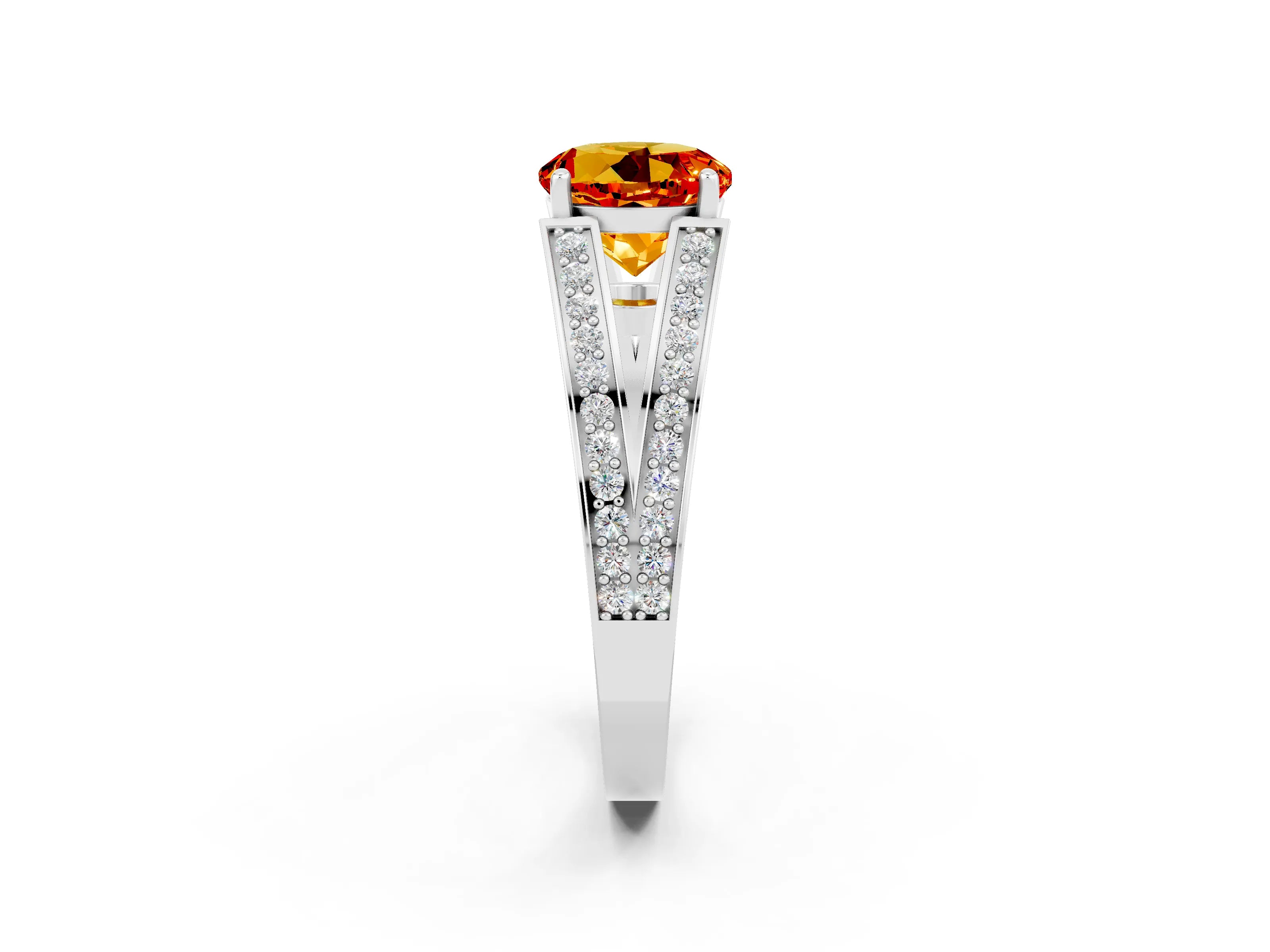 White gold Round Cut Citrine Split Shank Ring with Pavé Band and Four-Prong Setting_2