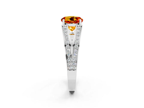 White gold Round Cut Citrine Split Shank Ring with Pavé Band and Four-Prong Setting_2