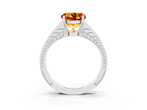 White gold Round Cut Citrine Split Shank Ring with Pavé Band and Four-Prong Setting