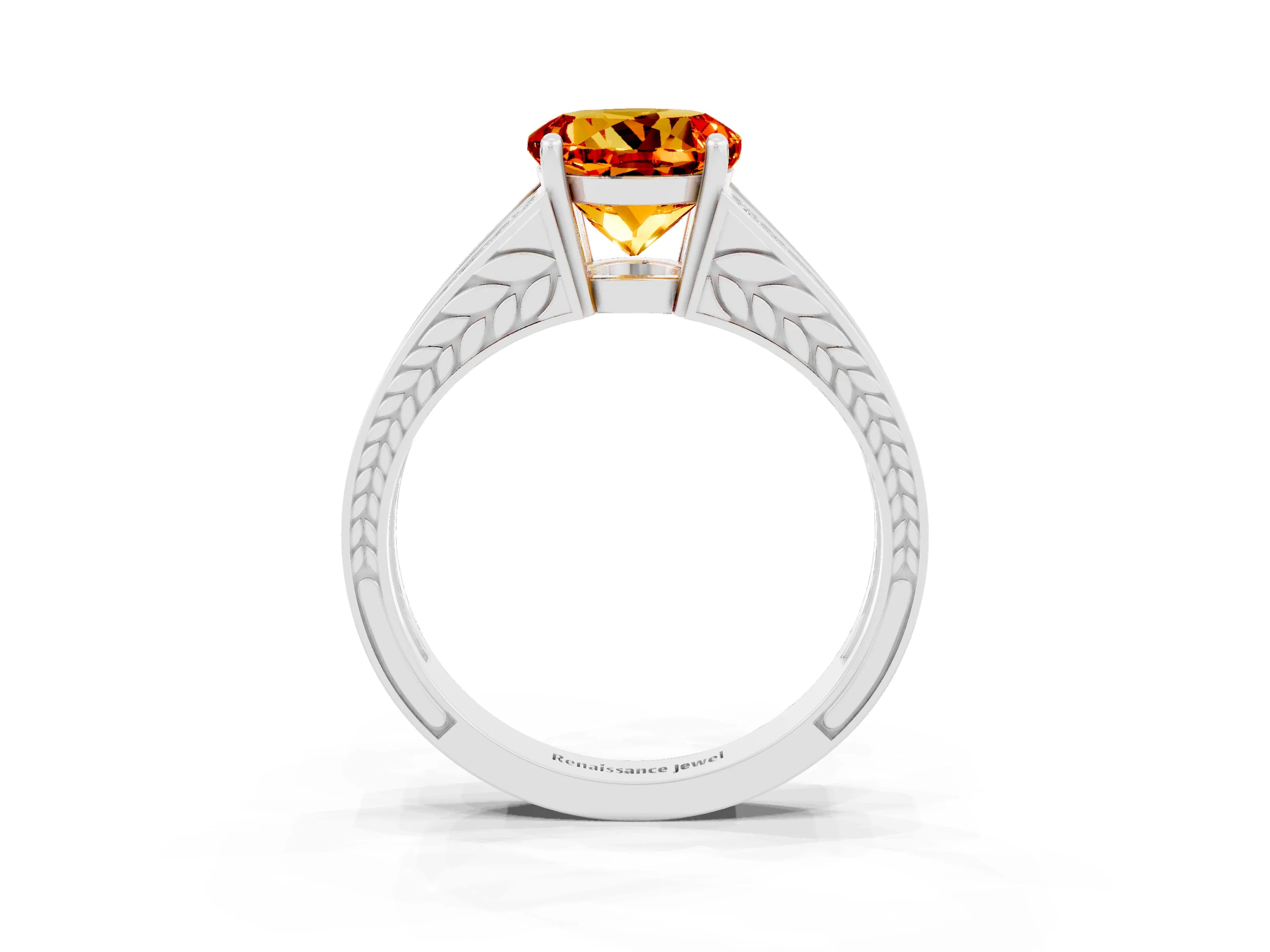 White gold Round Cut Citrine Split Shank Ring with Pavé Band and Four-Prong Setting_3