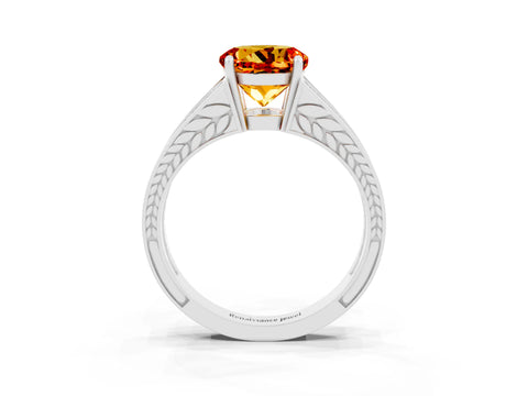 White gold Round Cut Citrine Split Shank Ring with Pavé Band and Four-Prong Setting_3