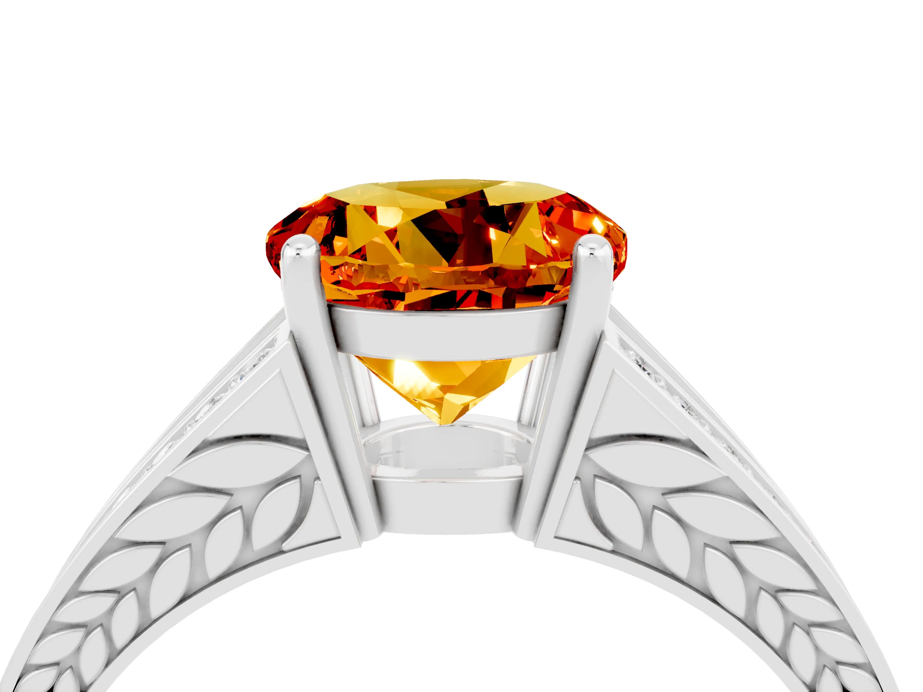 White gold Round Cut Citrine Split Shank Ring with Pavé Band and Four-Prong Setting_4