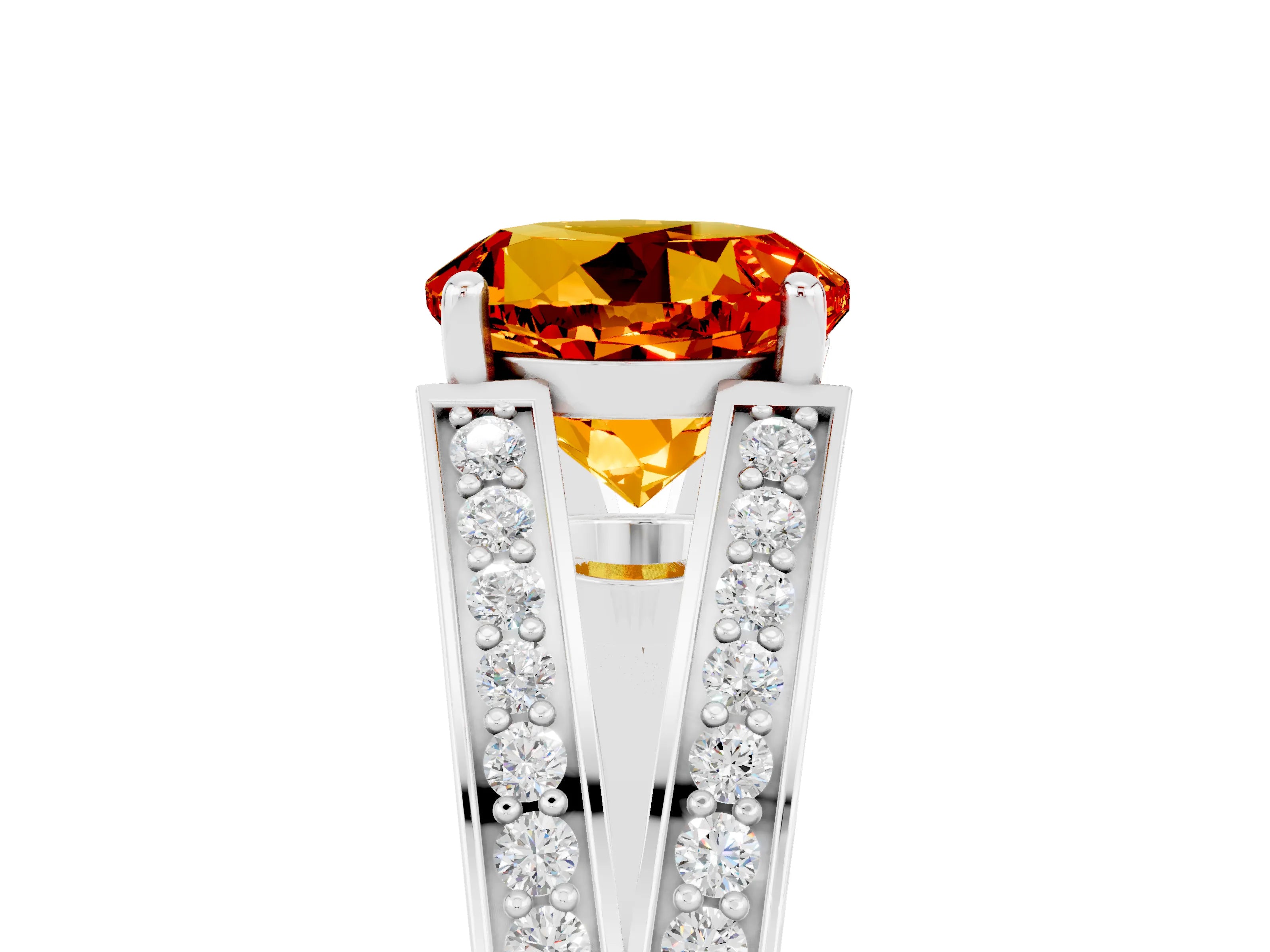 White gold Round Cut Citrine Split Shank Ring with Pavé Band and Four-Prong Setting_5