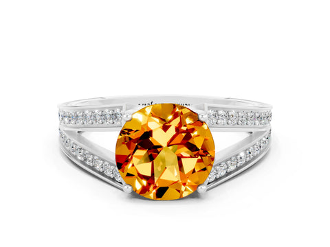 White gold Round Cut Citrine Split Shank Ring with Pavé Band and Four-Prong Setting