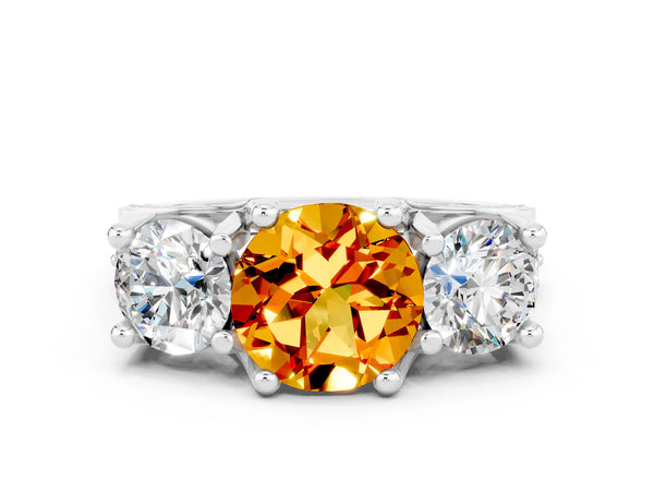 Platinum Round Cut Citrine Three-Stone Ring with Channel Set Band and Four-Prong Setting