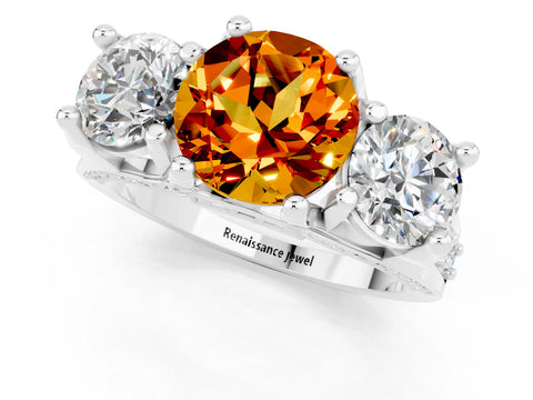 White gold Round Cut Citrine Three-Stone Ring with Channel Set Band and Four-Prong Setting_1