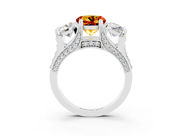 Platinum Round Cut Citrine Three-Stone Ring with Channel Set Band and Four-Prong Setting