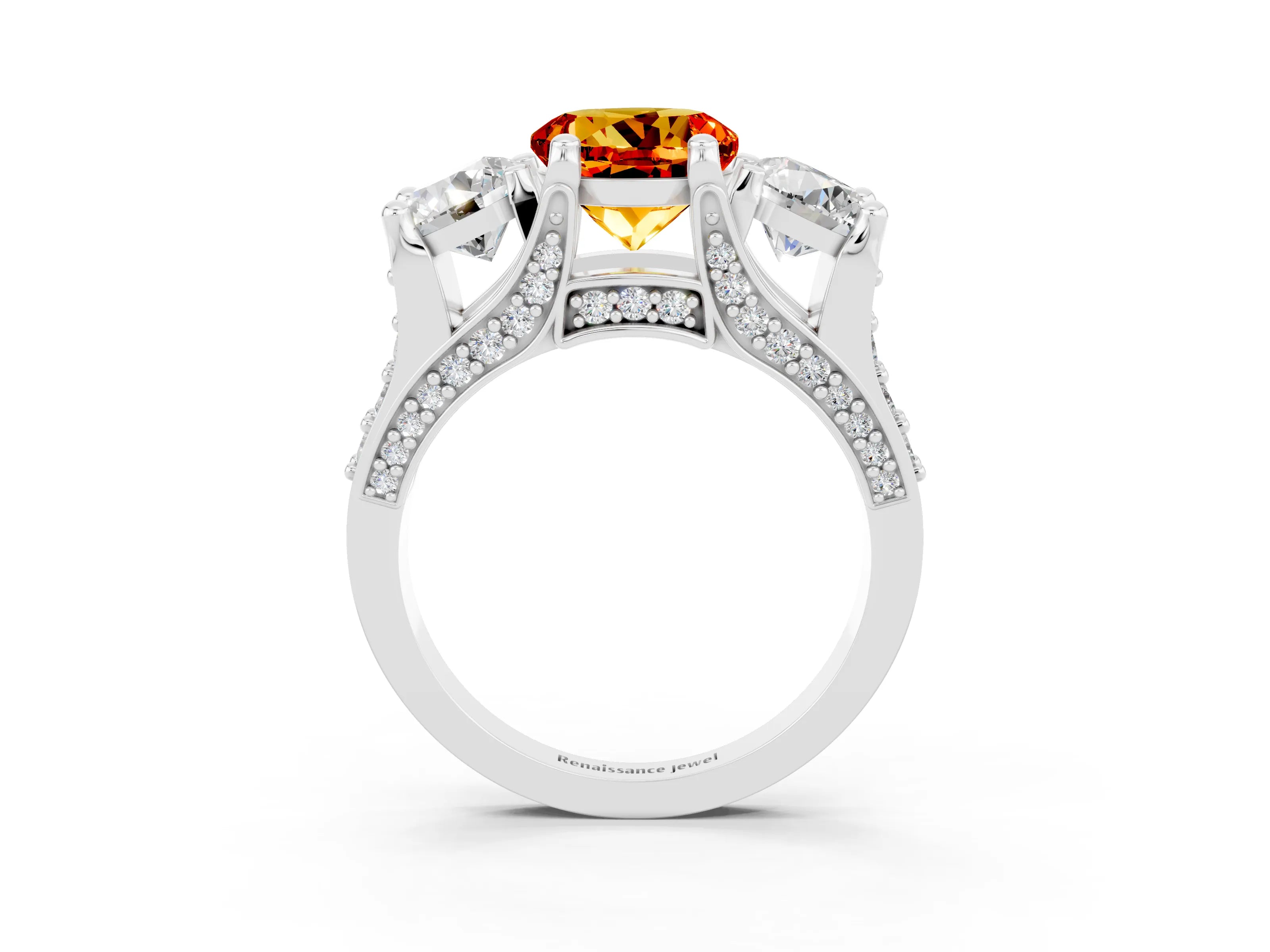 White gold Round Cut Citrine Three-Stone Ring with Channel Set Band and Four-Prong Setting_3