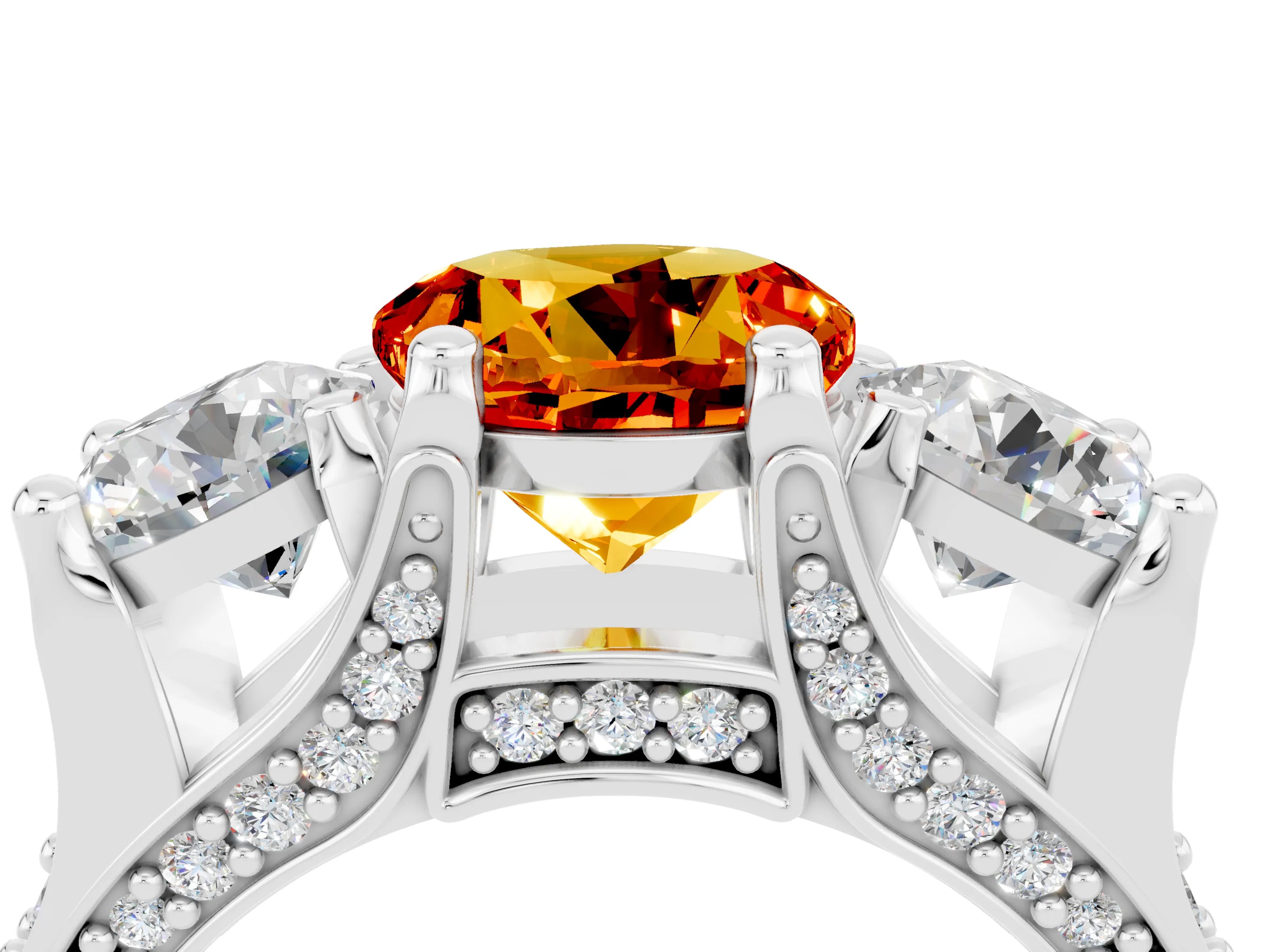 White gold Round Cut Citrine Three-Stone Ring with Channel Set Band and Four-Prong Setting_4