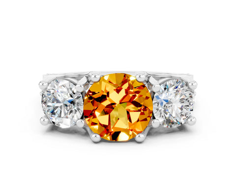 White gold Round Cut Citrine Three-Stone Ring with Channel Set Band and Four-Prong Setting