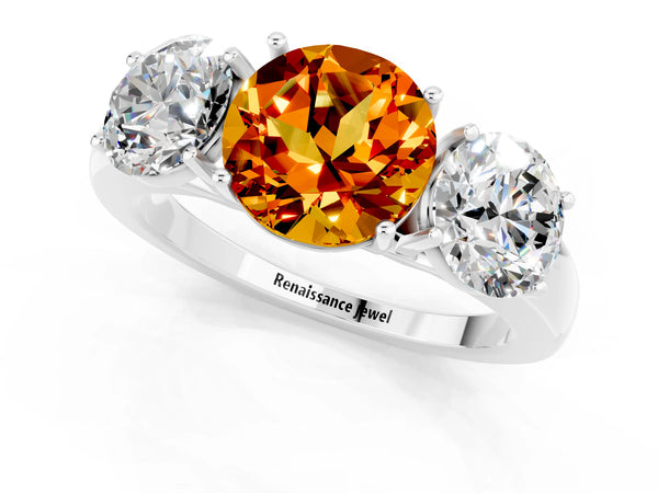Platinum Round Cut Citrine Three-Stone Ring with Four-Prong Setting and Classic Band