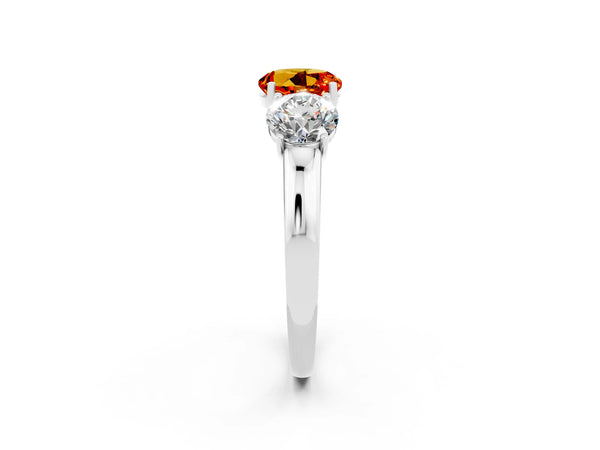 Platinum Round Cut Citrine Three-Stone Ring with Four-Prong Setting and Classic Band