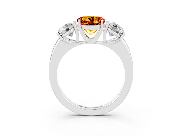 Platinum Round Cut Citrine Three-Stone Ring with Four-Prong Setting and Classic Band