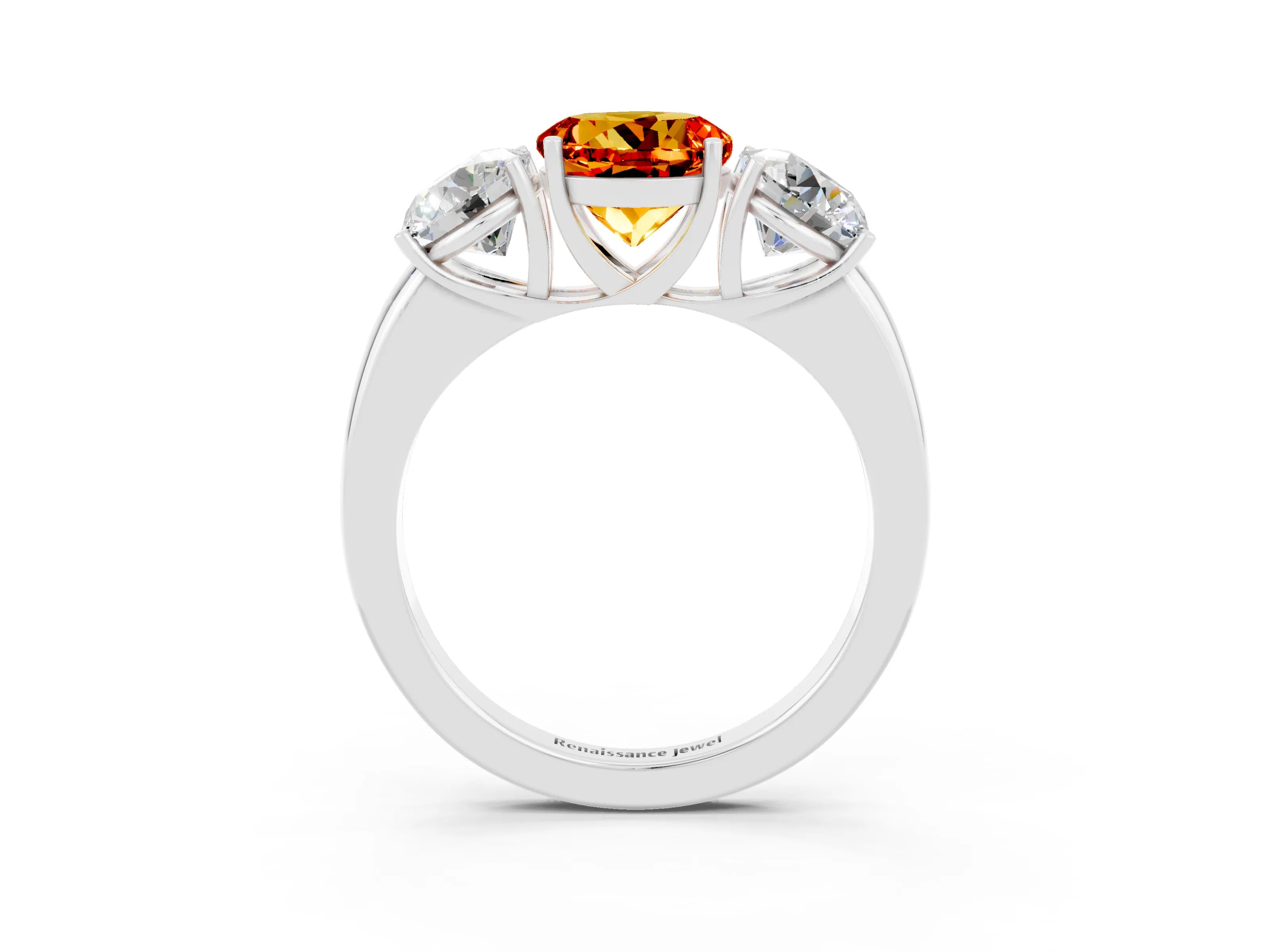 White gold Round Cut Citrine Three-Stone Ring with Four-Prong Setting and Classic Band_3