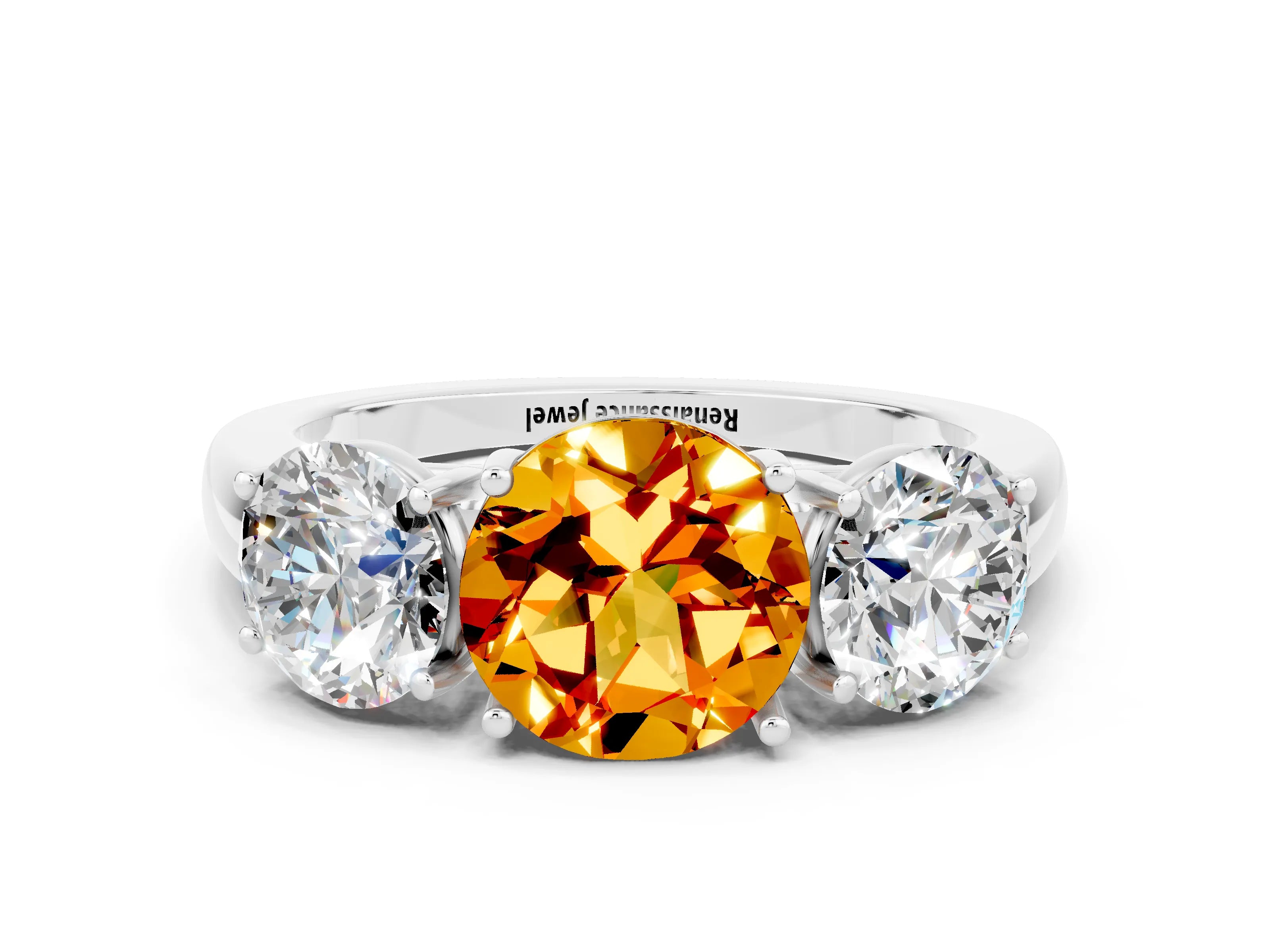 White gold Round Cut Citrine Three-Stone Ring with Four-Prong Setting and Classic Band