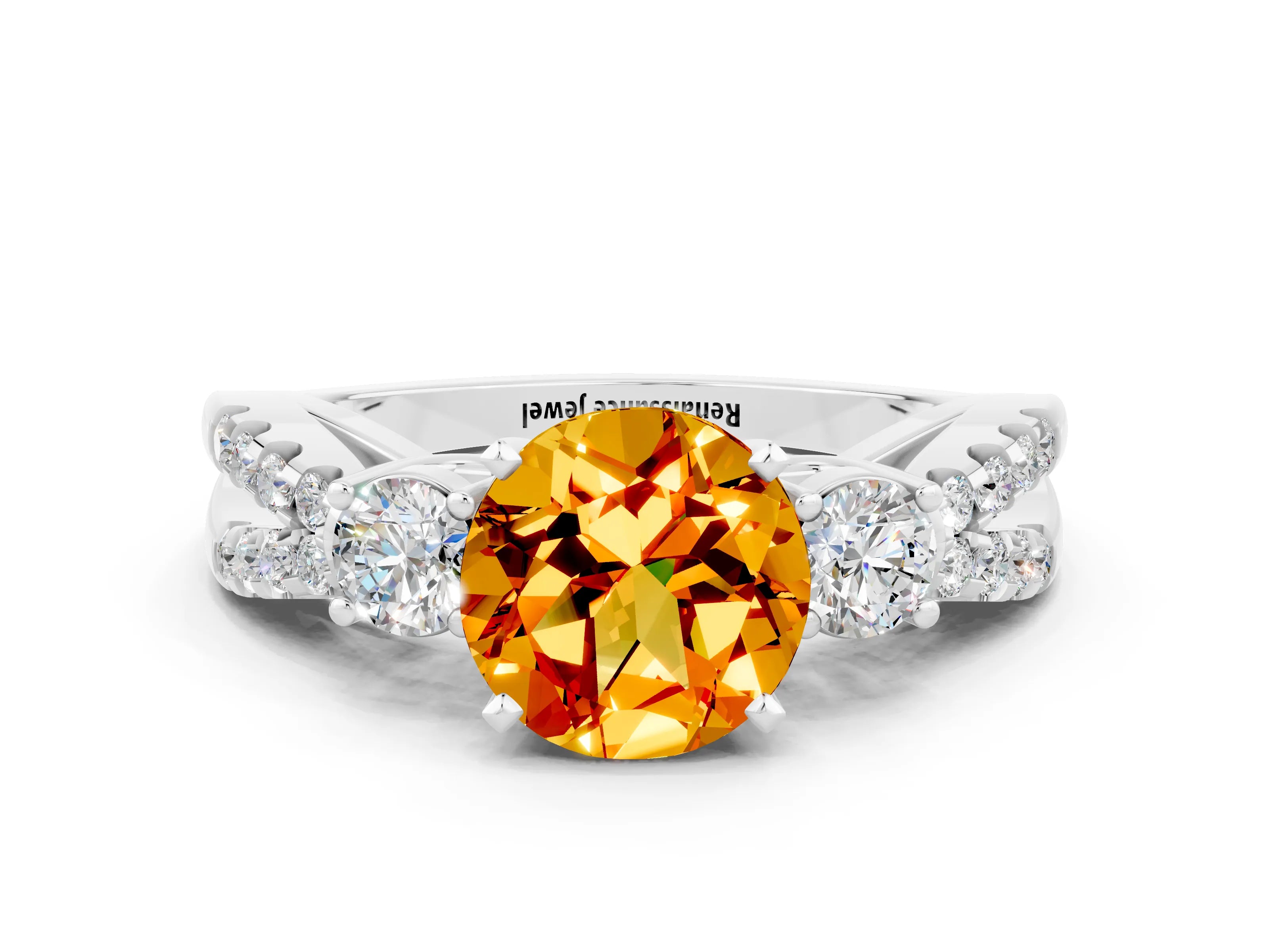 White gold Round Cut Citrine Three-Stone Ring with Pavé Split Shank and Four-Prong Setting