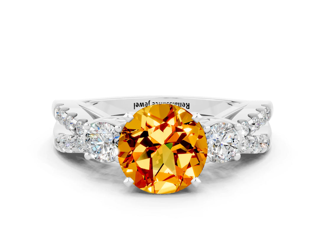 White gold Round Cut Citrine Three-Stone Ring with Pavé Split Shank and Four-Prong Setting