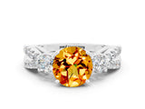 White gold Round Cut Citrine Three-Stone Ring with Pavé Split Shank and Four-Prong Setting